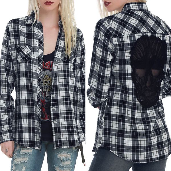 

2017 women autumn blouses vintage plaid back skull lace splicing long sleeve shirts womens clothing blusa feminina, White