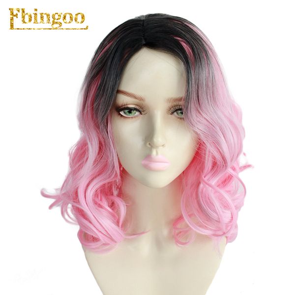 

ebingoo 14inches short curly hair wig pink black root synthetic high temperature fiber hair wigs for halloween costume role play