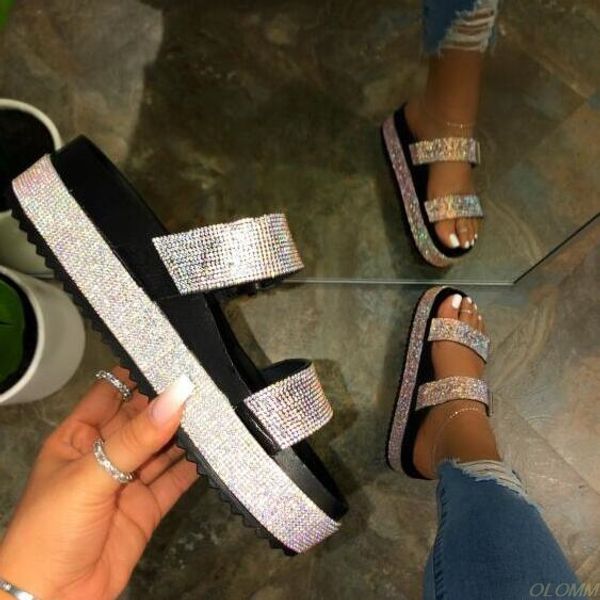 

designer-travel flip flop spring/summer 2020 women double-layer rhinestone buckle sandals, Black