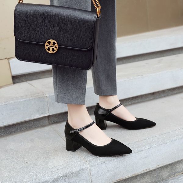 

big size 9  ladies high heels women shoes woman pumps shallow pointed buckled heavy-heeled single shoe, Black