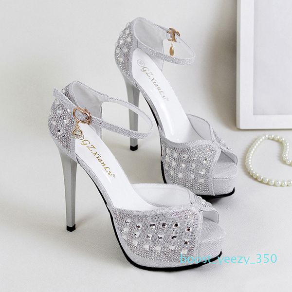 

luxury wedding shoes silver rhinestone crystal studded platform ankle strap heels womens prom shoes size 34 to 39 2018 b35, Black