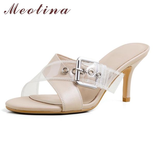 

meotina summer slides women shoes natural genuine leather thin high heels shoes real leather buckle slippers lady sandals 34-40, Black