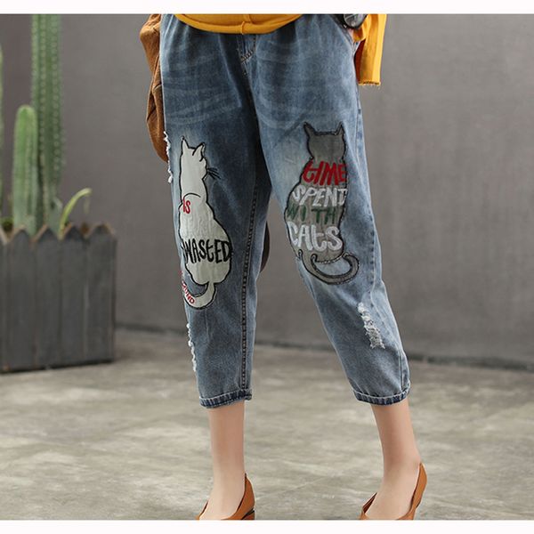 

women jeans denim pants trousers big loose two cats embroidery ripped holes fashion casual cute for spring summer 19034, Blue