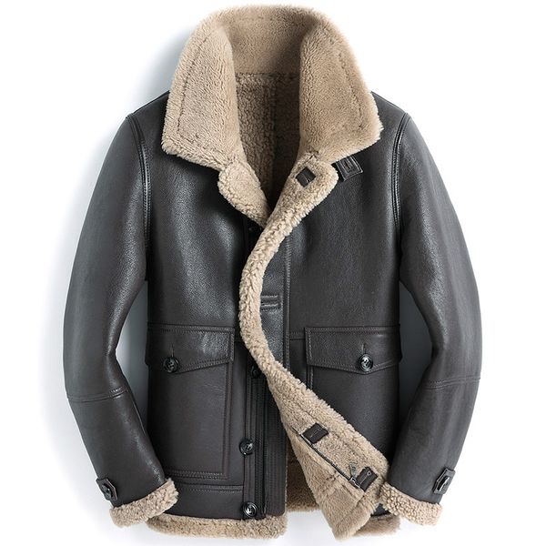 

leather winter jacket genuine real sheepskin coat for men natural wool fur coats bomber jackets plus size 6xl my2882, Black