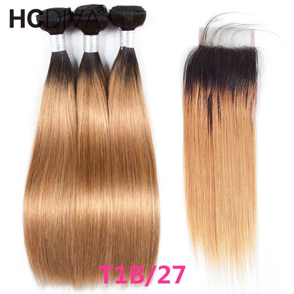 

pre colored bundles with closure peruvian virgin human hair ombre t1b/27 honey blonde staight bundle with closure hcdiva blonde hair weaves, Black