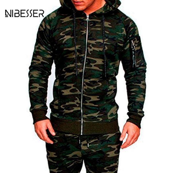 

nibesser male camouflage jacket suit 2pc muscle men workout track suit mens tracksuit pants set hoodie trouser, Gray