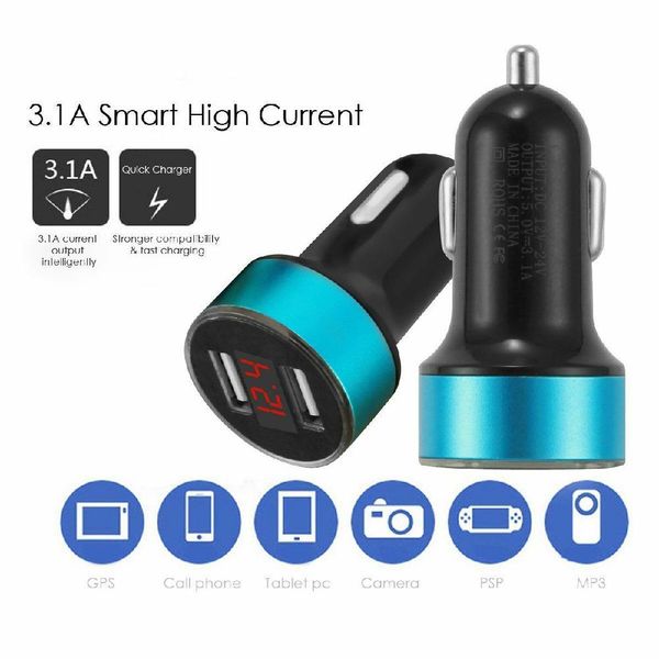 

led usb car cigarette charger 3.1a dual ports usb plug converter two hole lighter digital led voltmeter 12v/24v car accessories