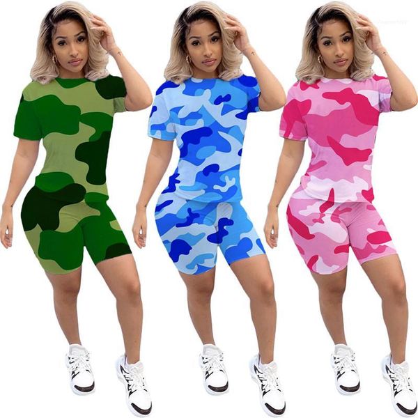 

women designer 2pcs tshirt shorts skinny suits summer camouflage printed gradient color casual tracksuits female clothing pullover, Gray