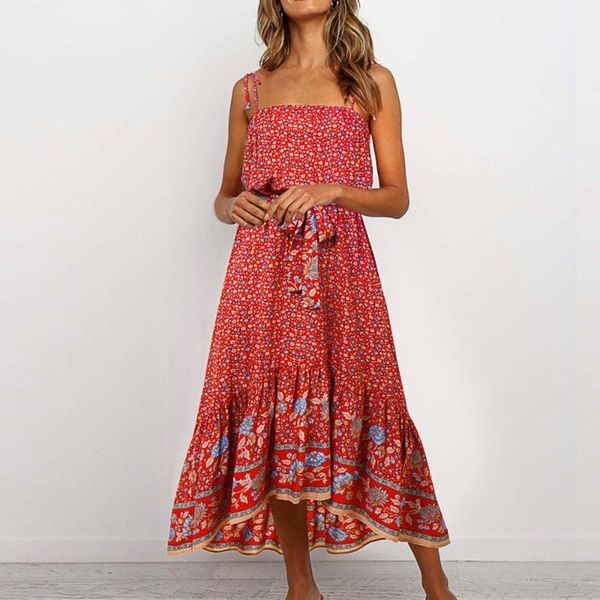 

lasperal women floral long dress summer sleeveless bandage ruffle ladies party beach dress sundress vestidos fashion new, Black;gray