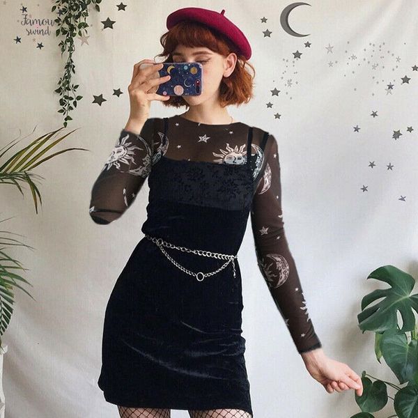 

new t shirt women harajuku mesh clubwear see through transparent sun moon linen star basic camisas femininas net, White