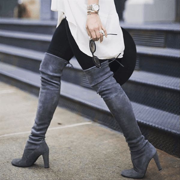 

puimentiua new flock leather women over the knee boots lace up high heels autumn woman shoes winter women boots size 35-43, Black