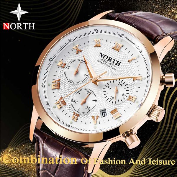 

north mens watches chronograph quartz watch men leather strap auto date fashion casual sports _watch, Slivery;brown