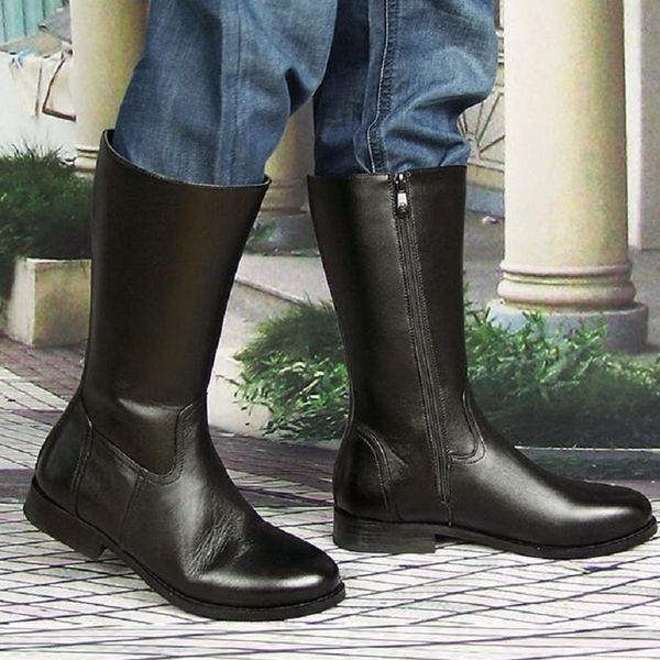 

knight boots men winter full grain leather flat heel long boots british style round toe warm comfortable fashion long boots, Black