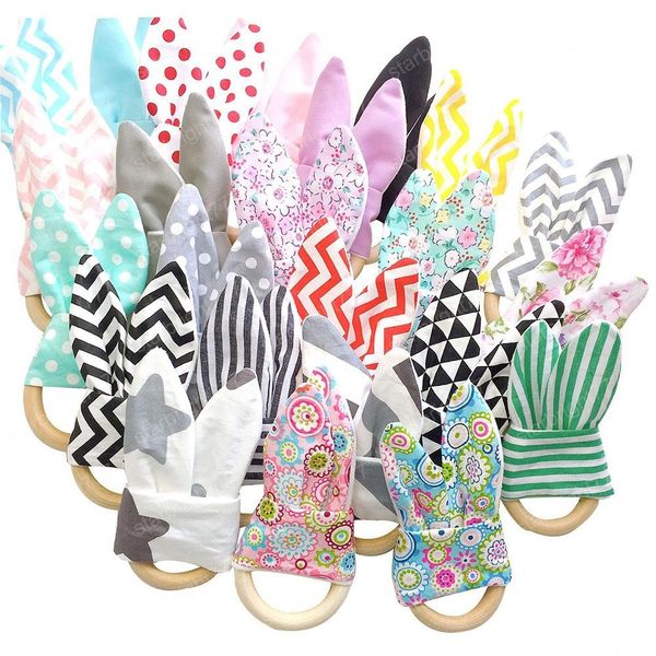 

27 colors baby teething toy wood ring training chewing toy rabbit ears stripe floral print teethers cartoon bunny ears soothers