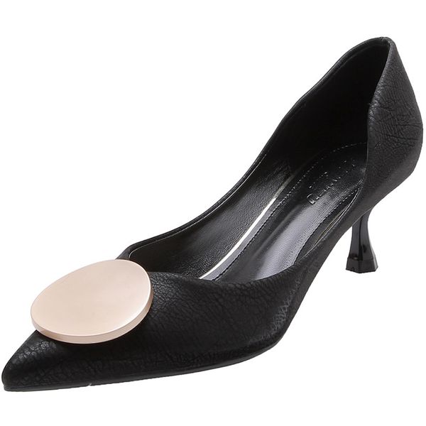 

fei yitu high heels womens thin heels all kinds of girl students pointed round button single shoes womens 2019 fairy nude shoes, Black