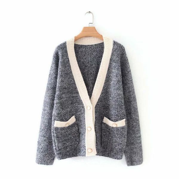

korean women's 2019 autumn and winter new style lazy wind v-neck color side cardigan sweater women;v-neck color-colored cardigan sweate, White