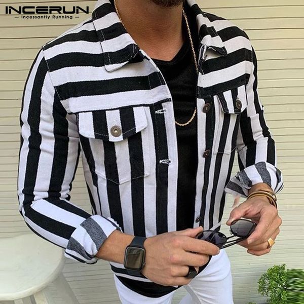 

incerun fashion men striped shirt handsome high street pockets lapel button up long sleeve outwear men casual shirts camisa 2019, White;black