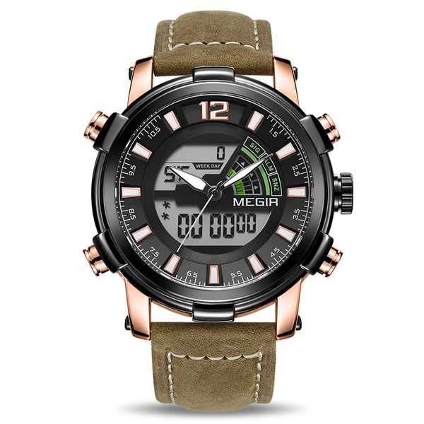 

dual display digital men watch megir sport analog quartz watches relogio masculino reloj hombre army military wristwatches hour, Slivery;brown