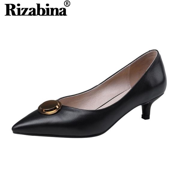 

rizabina women single shoes fashion thin heel pumps shoes women stylish pointed toe gold button real leather footwear size 34-39, Black