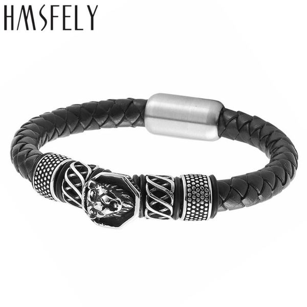 

hmsfely 316l stainless steel male lion beaded bracelets & bangles for men genuine leather bracelet magnetic men cuff bangles, White