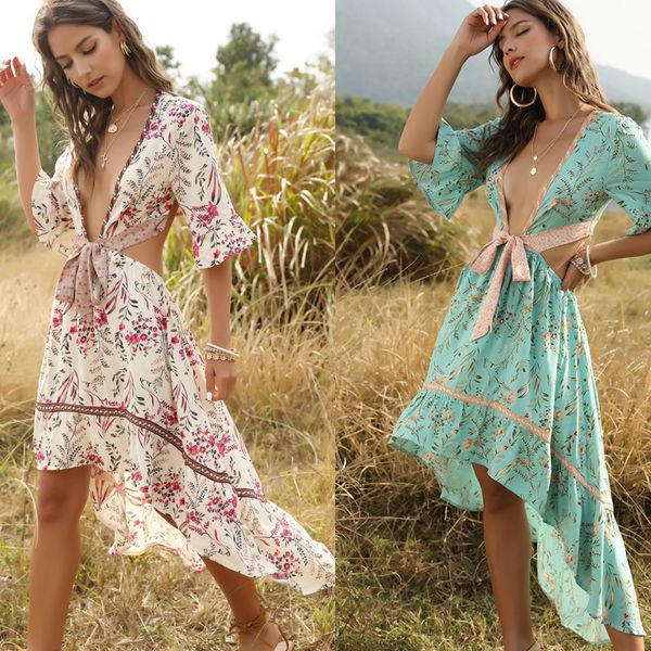 

bohemian deep v-neck lace-back retro print irregular swing dress