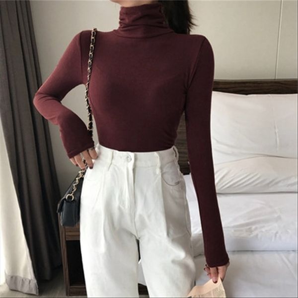 

solid color slim high collar base t- shirt autumn women's 2019 long sleeve t-shirt women, White