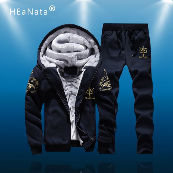 

winter sports suit men training set thicken fleece warm hooded jacket pants sweatshirt sportswear coats tracksuits casual, White;black