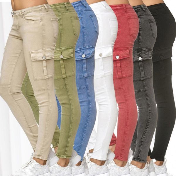 

solid color women high waist skinny cargo long jeans denim pencil pants leggings, Blue