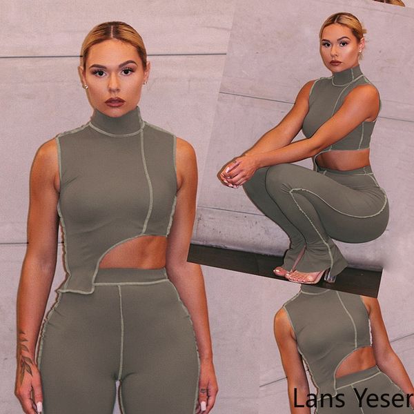 

set women casual sporty active wear matching sleeveless workout bodycon outfits skinny crop and pants sets stacked leggings, White