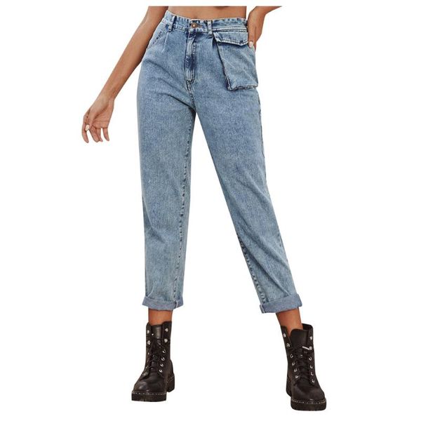 

women's creative fashion denim pocket design straight harajuku designer jeans loose pants, Blue