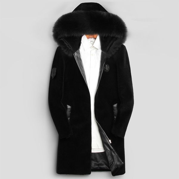 

real fur coat winter jacket men 2019 fur collar hooded sheep shearling coat plus size wool jackets veste homme 5698yy704, Black