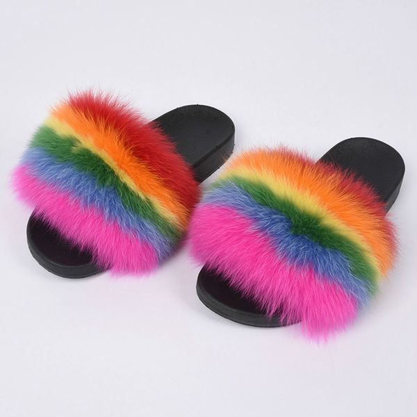 

2019 woman fur slides multi color fox fur slipper ladies rainbow flat sandals, Black