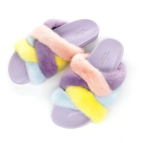 

mudibear plush slippers for women fluffy luxury fashion mink slides cross outdoor flip flops ladies cute flat sandals colorful, Black