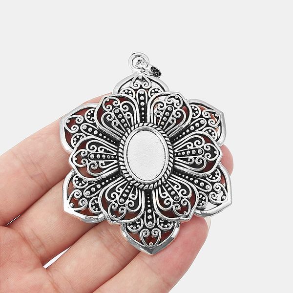 

5pcs antique silver filigree open flower charm 13*18 oval blank cabochon tray setting pendant diy jewellery finding 65*57mm