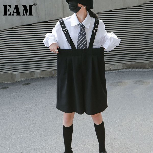 

eam] women black pleated strapless wide leg shorts new high waist loose fit trousers fashion tide spring summer 2020 1t987, White;black