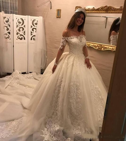 

stylish lace ball gown wedding dresses off the shoulder long sleeves wedding dress chapel appliques tulle ivory bridal gowns, White