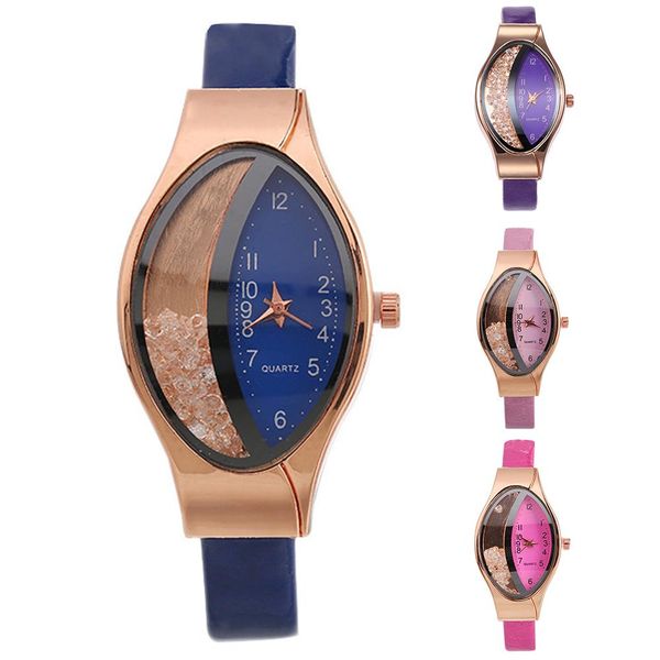 

fashion unique watches quicksand rhinestone oval dial faux leather strap analog wrist watch quartz wristwatches reloj hombre, Slivery;brown