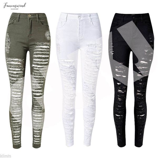 

women destroyed ripped denim skinny pants high waist jeans stretch jeans slim pencil high trousers black white blue