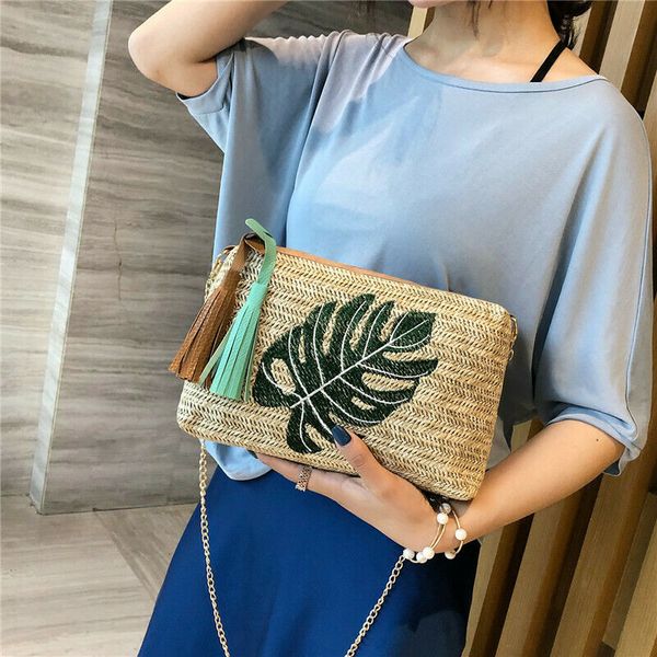 

2019 women's leaves printed rattan straw plait small square bag one shoulder slanted across messenger bags beach bags