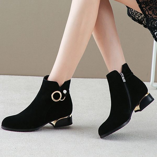 

women ankle boots flock zipper solid short boots low square heel single shoes keep warm winter booties botas mujer invierno 2019, Black