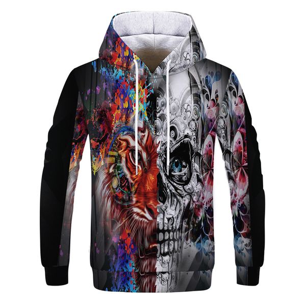 

mens designer new hat tiger skeleton 3d digital printing hooded sweater, Black