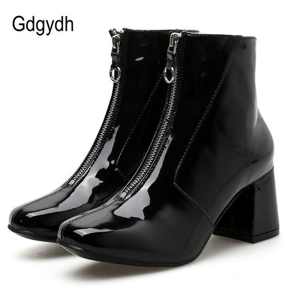 

gdgydh 2019 new autumn black patent leather boots women fashion zipper womens square toe boots chunky heel drop shipping