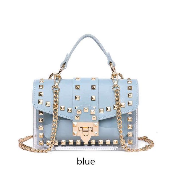 

small clear brand designer womans 2019 new fashion messenger bag chains shoulder bag female rivets transparent square pu handbag r07