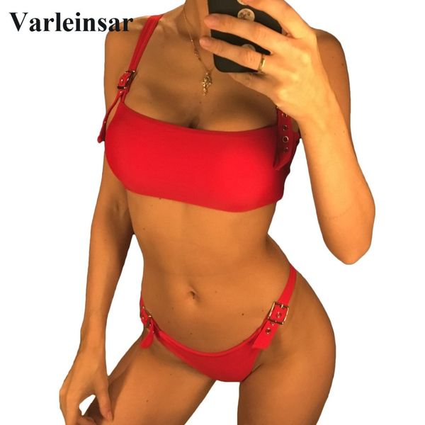 

2019 red bikini women swimwear female swimsuit two-pieces bikini set bandeau bather adjustable straps bathing suit v879r