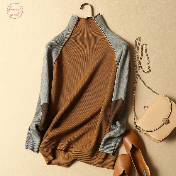 

loose turtleneck women pullovers female patchwork linen thicken sweaters winter knitted pull female loose coat 0.47, White;black