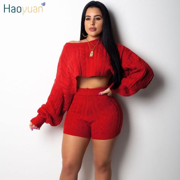 

haoyuan 2 two piece set women clothes autumn winter outfits long sleeve knit sweater +bodycon shorts suit matching sets, Gray
