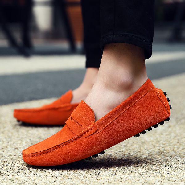 

new  colors men loafers genuine leather solid comfortable walk shoes slip-on round toe male casual shoes large size 38-47, Black