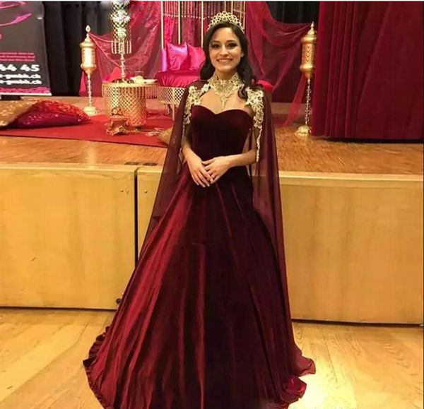 

saudi arabic luxury burgundy a line evening dresses with cape velvet evening gown skirt dubai prom gown long pageant dresses, Black;red