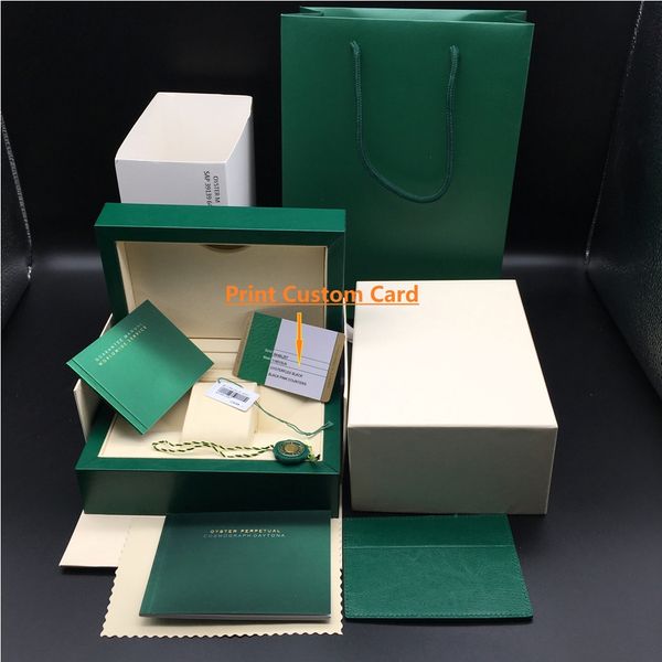 Оригинальные правильные подходящие документы Карточка безопасности Подарочная сумка Топ Зеленая деревянная коробка для часов для коробок Rolex Буклеты Часы Бесплатная печать Пользовательская карта