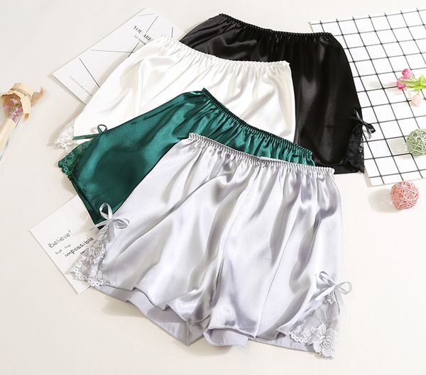 

korean version of the bow silk pants women's lace anti-go light leggings casual home shorts breathable three-point safety pants, Black